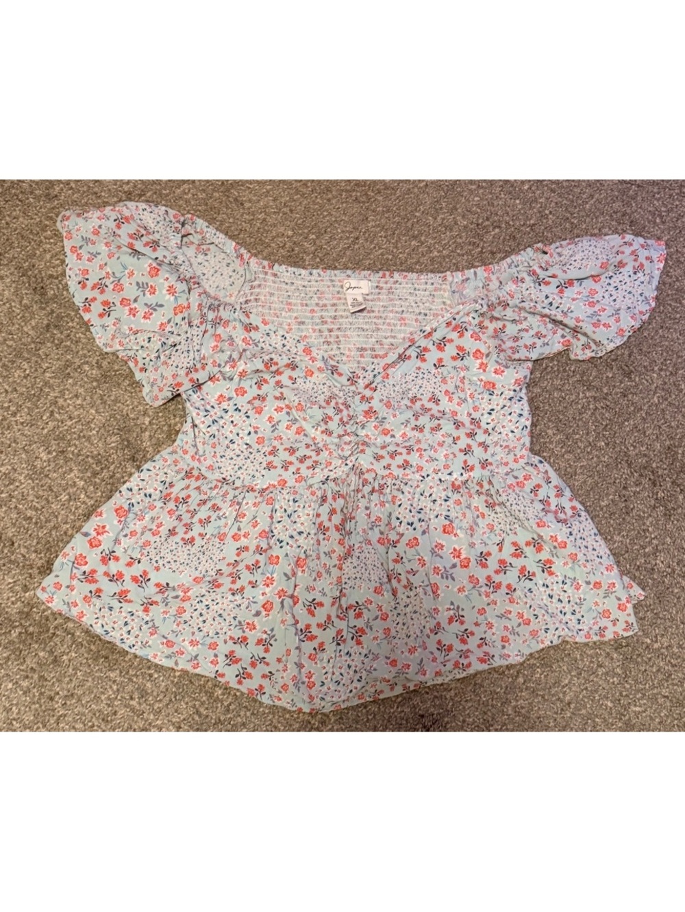 Japna Blue Floral Smocked Peplum Blouse Women’s XL